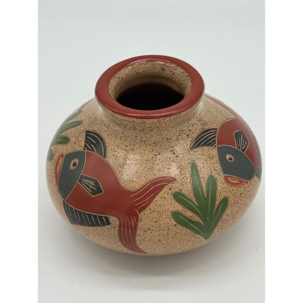 Vintage Nicaraguan Folk Art Pottery Vase Hand Carved Inciso Fish Design Boho